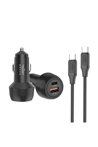Brave شاحن سيارة USB-C بقوة 48 واط بمنفذين PD و QC3.0 مع كابل Type-C بقوة 100...
