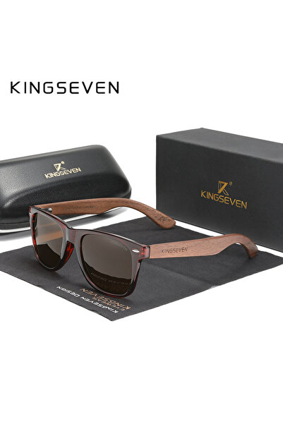 Choice نظارات شمسية رجالية من KINGSEVEN بلون بني، إطار خشبي مدمج، عدسات مستقط...