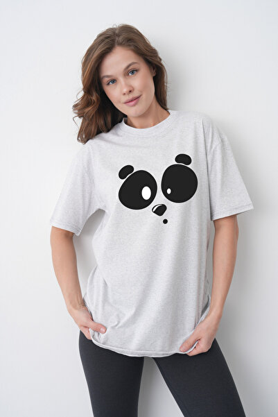 TREND EMMODA Tricou drăguț din bumbac gri, cu imprimeu cu fața de panda confu...