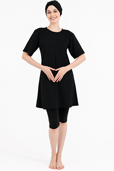 Tusebu Black Hijab Swimsuit Set Including Bonnet Half Sleeves Stretchy Fabric...