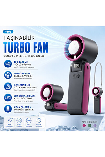 TARÇIN Y19S Taşınabilir Turbo Fan 199 Kademe Dijital Ekranlı Şarjlı El Fanı B...