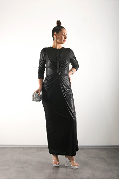 Mialora Chic Evening Gown with Draped Chest, Long Sleeves, Shiny Finish, Doub...