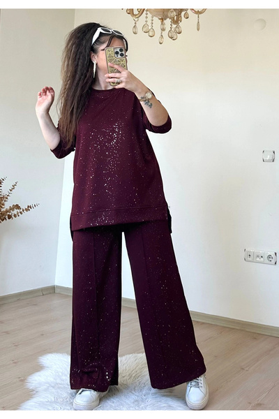 AZRA BUTİK Glittery Sports Suit Burgundy