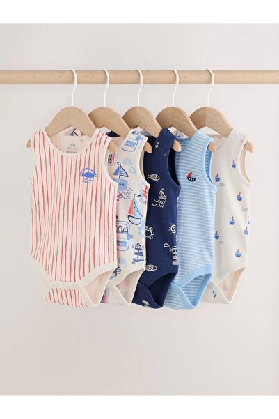 Next Baby Pamuklu Lacivert/Kırmızı Çizgili Kolsuz Body Zıbın 5'li Set