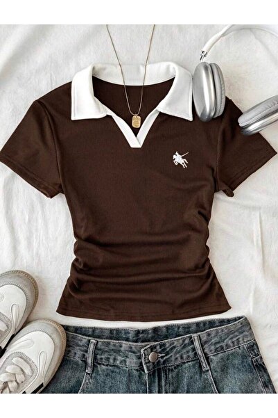Bravebell Women's Polo Collar Embroidery Detailed Camisole Slim Fit T-Shirt