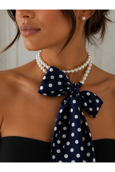 Takıtolia Luvien White Polka Dot Navy Blue Scarf Pearl Chain Multi-Purpose De...