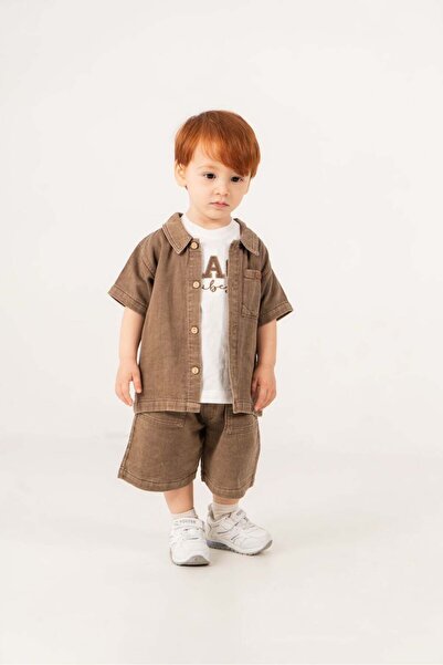 Magu Boy's Cotton Brown Shirt T-Shirt Shorts Set