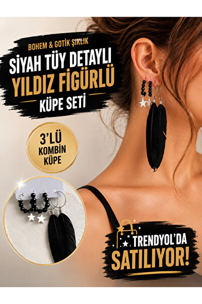 ELUNE İSTANBUL طقم أقراط نسائية من الريش الأسود من ميلانو |   حلق على شكل نجم...