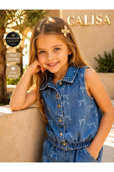 CALİSA Girl's Bow Patterned Denim Set |   Jean Vest Wide Leg Trousers 2-Piece Set New Season Holiday Outfit