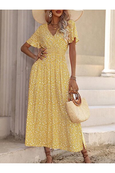 Iuliashop Long Dress Dina Yellow with White Floral Print - M