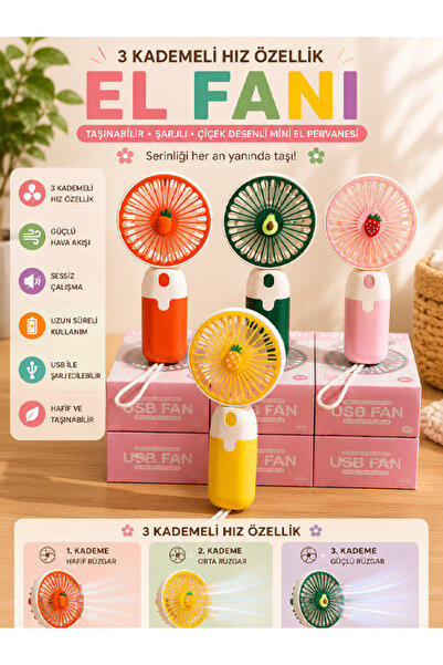 moryconcept Şarjlı Meyve Desenli Mini El Fanı 3 Kademeli – Taşınabilir USB Şa...