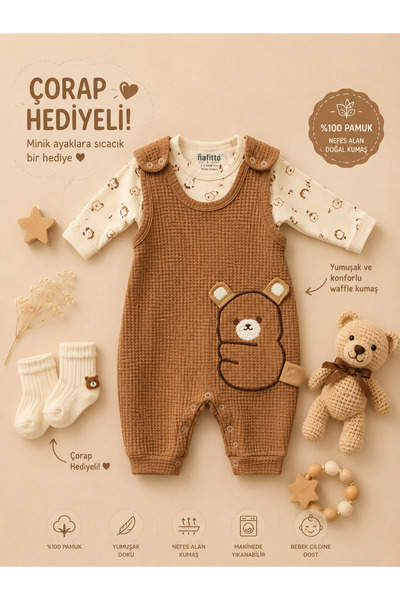 Efia Baby Pamuklu Waffle Kumaş Sevimli Koala 2'li Bebek Tulum 3-6-9 Ay