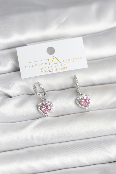ETC Brass Silver Pink Color Zircon Stone Heart Model Women's Earrings 5886 - ...