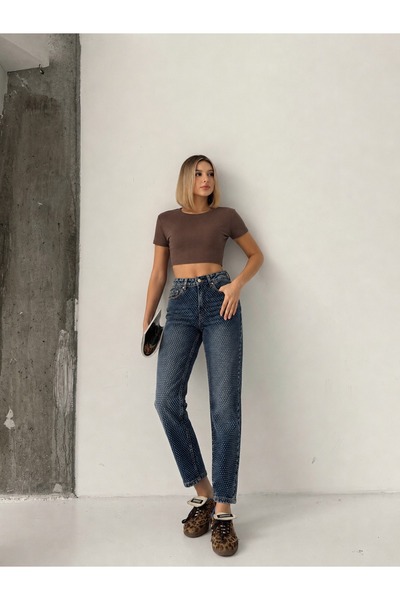 yourshıne denım co. YEŞİL TİNT TAM KALIP YÜKSEK BEL ÖN TAŞLI MOM JEANS
