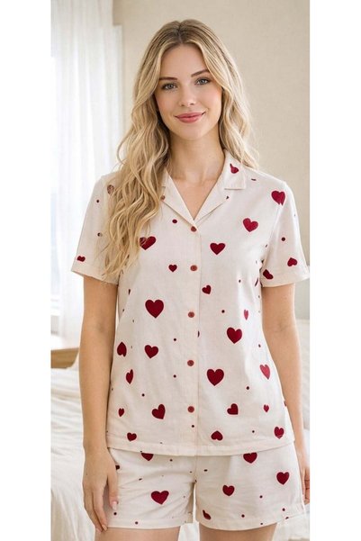 Alperi Women's Heart Patterned Button-Down Short Sleeve Shorts Pajama Set – C...
