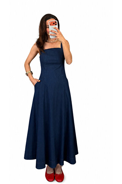 GAMZE ALPTEKİN Premium Tensel Denim Fabric Square Collar Pocketed Maxi Dress