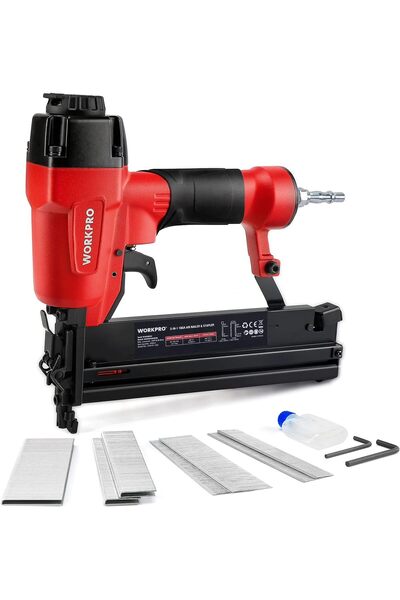 Workpro Air Brad Nailer Gun 50 mm, 2-in-1 Nail Gun/Upholstery Stapler, 18G Na...