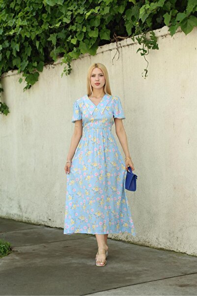 Siyezen Floral Patterned Midi Length Blue Dress