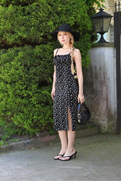 Siyezen Adjustable Strap Collar Floral Black Dress