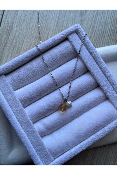 Pel Design 8 mm Citrine Stone Real Pearled Steel Necklace Handmade