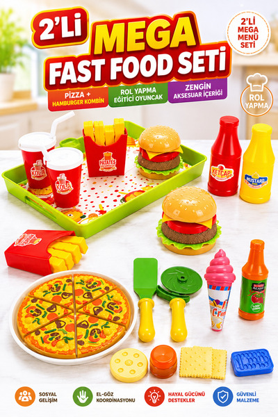 YILDIRIM OYUNCAK 2’li Mega Fast Food Oyuncak Seti – Pizza Dilimleme Tepsili H...