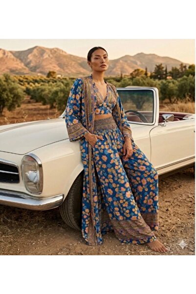 laviyonsa Silk Kimono & Bustier & Pants Set