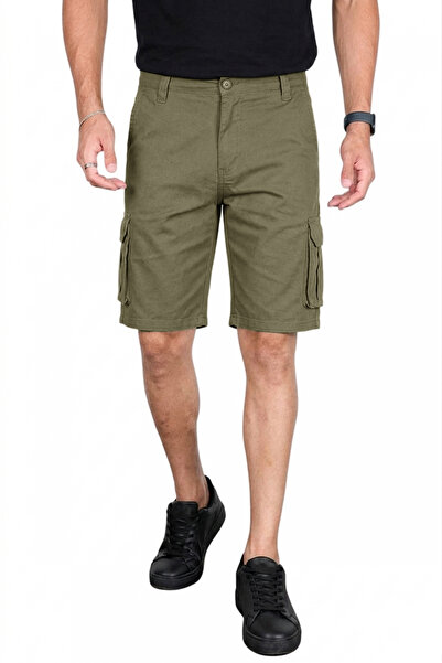 Rizz up Erkek Haki Likralı Gabardin Modern Fit Kargo Kapri Şort – Çok Cepli Y...