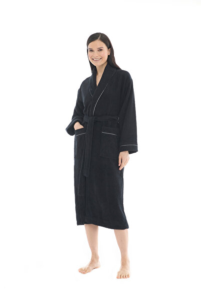 Seritaine Gaia Şalyaka Women's Bathrobe - with Belt - Black 100% Cotton