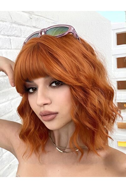Feshfen Bob wig, wavy, with bangs, synthetic hair, dark orange, 35 cm