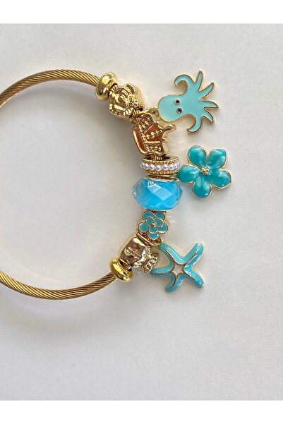 Ustaeller Steel Bracelet with Octopus, Sea Star, Blue Flowers and Blue Beads,...