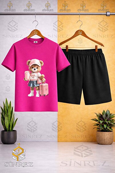 SİNREZ Tricou imprimat pentru fete cu guler rotund și valiză ursuleț - Set pa...