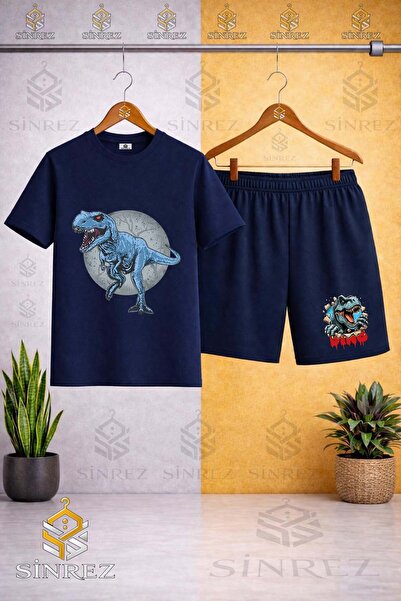 SİNREZ Crew Neck Dinosaur Blue Circle Printed T-Shirt - Shorts Set