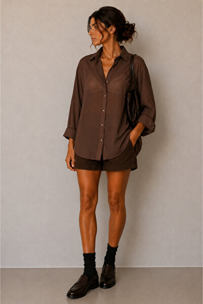 kikiriktekstil 10798 Women's Oversize Buttoned Chiffon Transparent Shirt