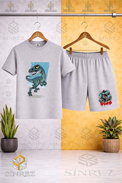 SİNREZ Crew Neck Dinosaur Turquoise Canvas Printed T-Shirt - Shorts Set