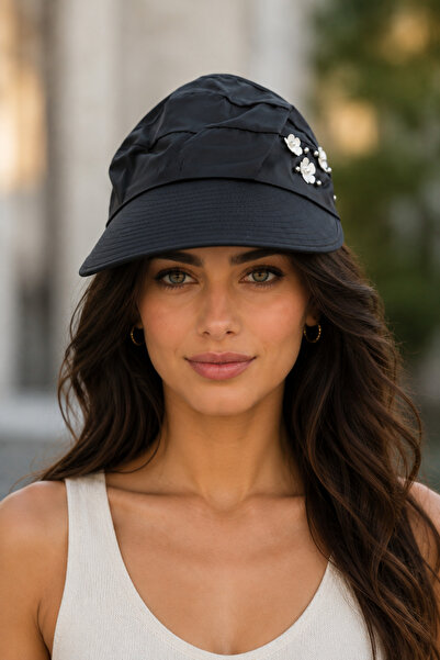 HatClub Exclusive Pălărie neagră pentru femei, cu aplicații florale, adezivă,...