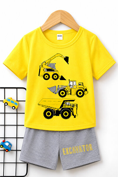 Excavator Printed Kids Yellow T-Shirt- Gray Shorts Set - Kids Summer Zero Collar