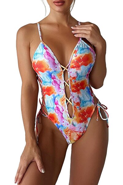 Other LESEFO Women's 1 Piece Sequined Deep V Neck Monokini Tie-Dye Colorful S...