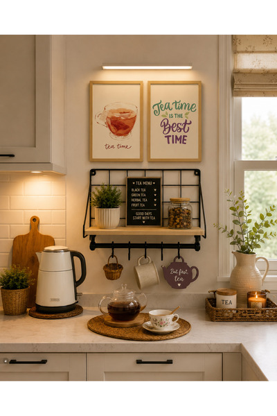 FTRMALZEMECİM ☕ Çay Temalı İkili Tablo & Dekoratif Raf Seti ☕