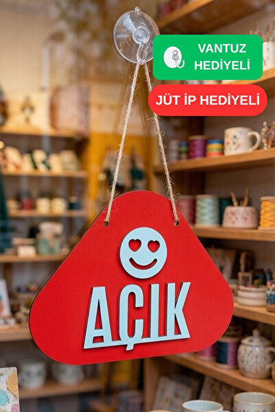 Kutaydan Ahşap Lazer Kesim Emoji Figürlü Açık-Kapalı Tabelası - Kırmızı
