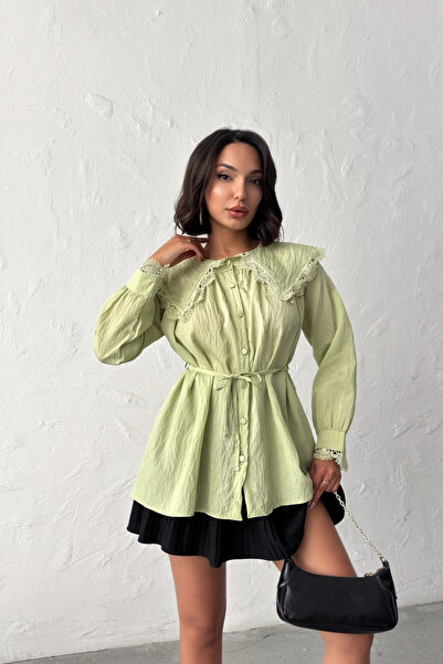 Lusin Women's Green Vintage Baby Collar Lace Belted Summer Long Sleeve Shirt ...