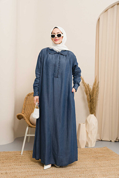 Neways 6666-Ornamental Ruffled Half Placket Dress Dark Blue