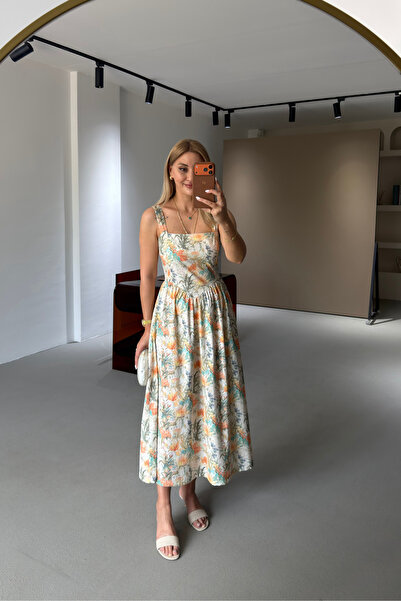 Sezgi Tekin Square Neck Floral Patterned Poplin Midi Dress