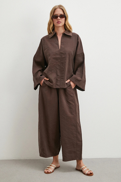 Never more Collar Detailed Suit Brown