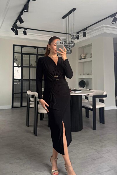 ELMASSTİL GOLD TOKALI YIRTMAÇLI MAKSİ ELBİSE/7731