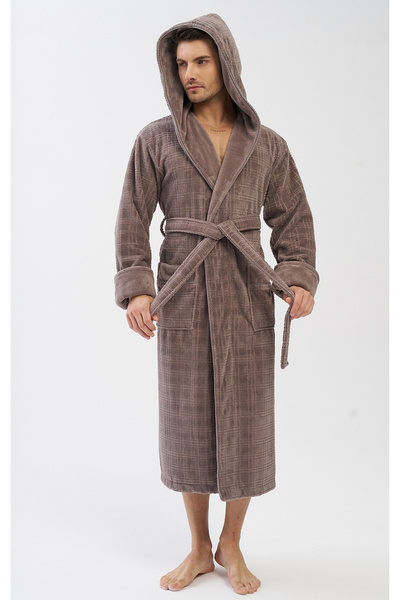 Nuşa Men's Hooded Checkered Bamboo Cotton Soft Absorbent Luxury Bathrobe