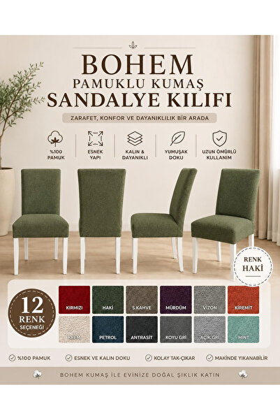 İLYEVTEKSTİLİ Bohem Pamuklu Esnek Standart Sandalye Kılıfı, Yıkanabilir, Doku...