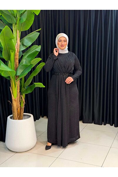Butik büyük beden Evening Dress with Stones on the Waist