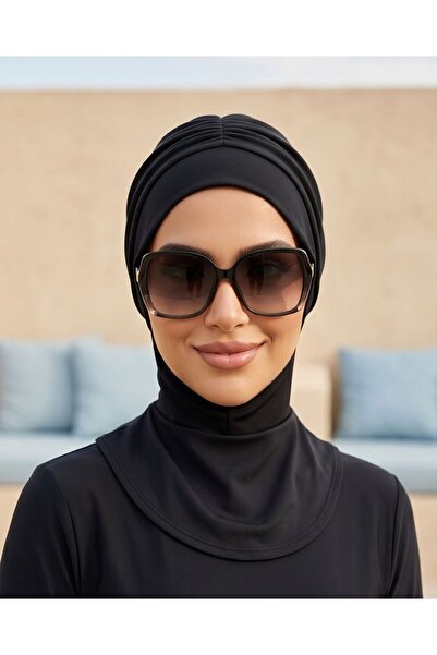 Trend Kapında Women's Black Draped Neck Collar Hijab Swimsuit Cap Sea Turban