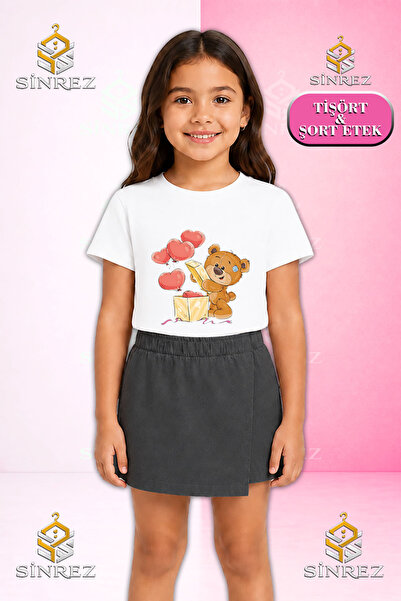 SİNREZ Set pentru fete BEAR BOX HEARTS Tricou cu mânecă scurtă imprimat Fustă...