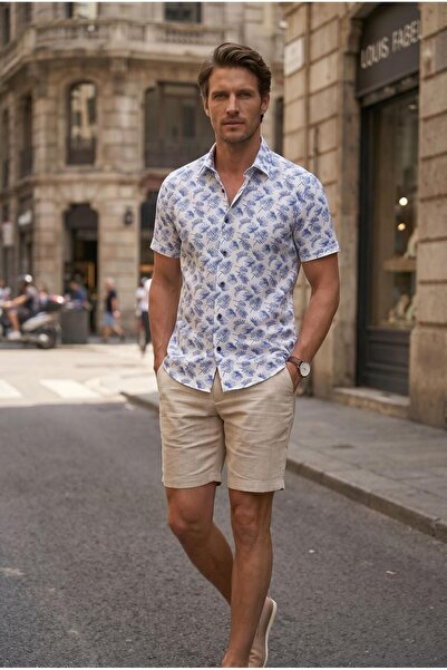 Louis Fabel Colorful Leaf Patterned Short Sleeve Men's Shirt on White Background
